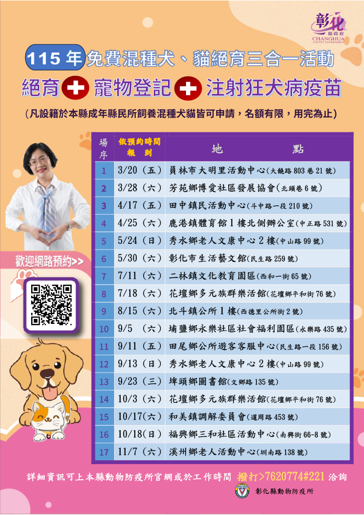 彰化縣115年度免費混種犬貓絕育三合一工作自3月20日開跑囉! 歡迎縣民踴躍報名參加！  圖片集錦，共 2 張
