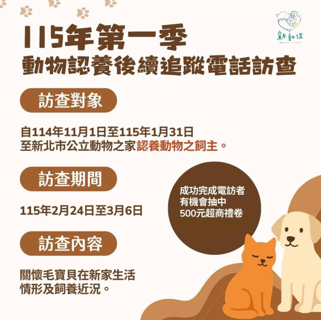 動保處於電話訪查前，會先在臉書粉絲專頁提醒認養飼主留意來電，成功完成電訪的民眾還有機會抽中500元超商禮券。.png